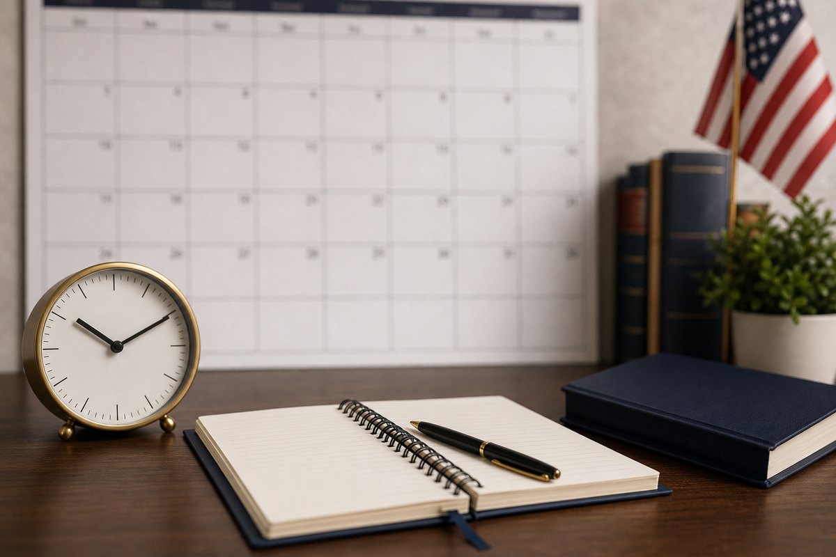 Calendar, clock, and notebook for calculating Trump's age in 2028