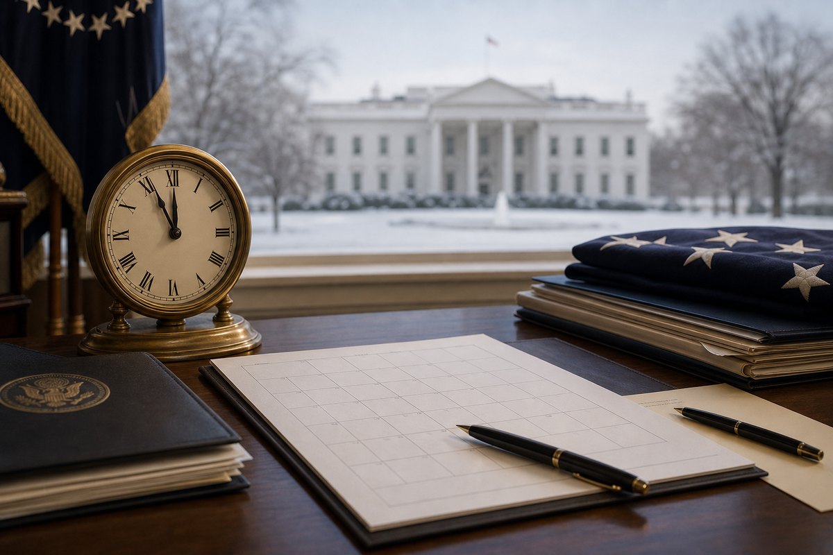 Noon clock, calendar, and winter White House scene for Trump's term-end age calculation