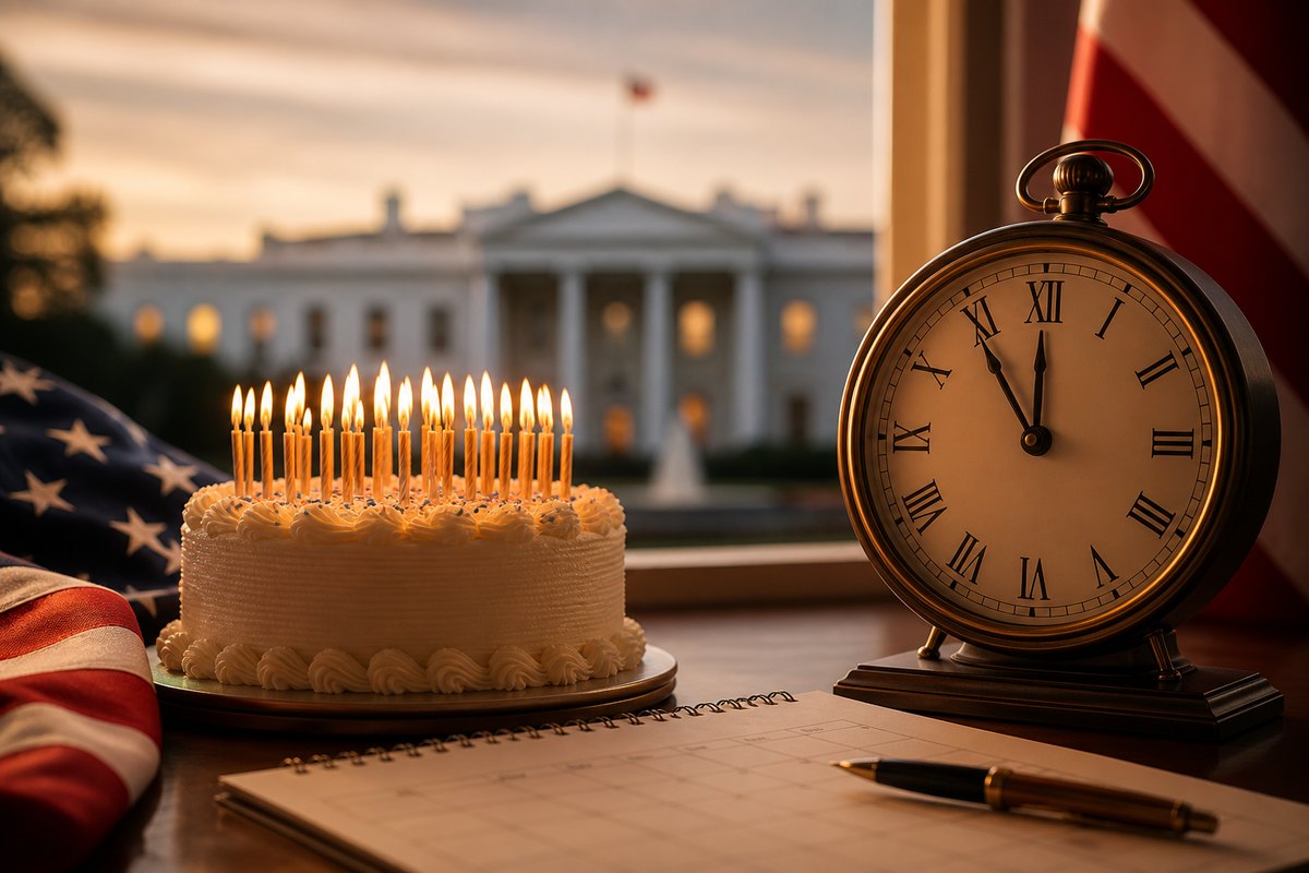 Birthday cake, countdown clock, and American flag colors for Trump's 80th birthday countdown