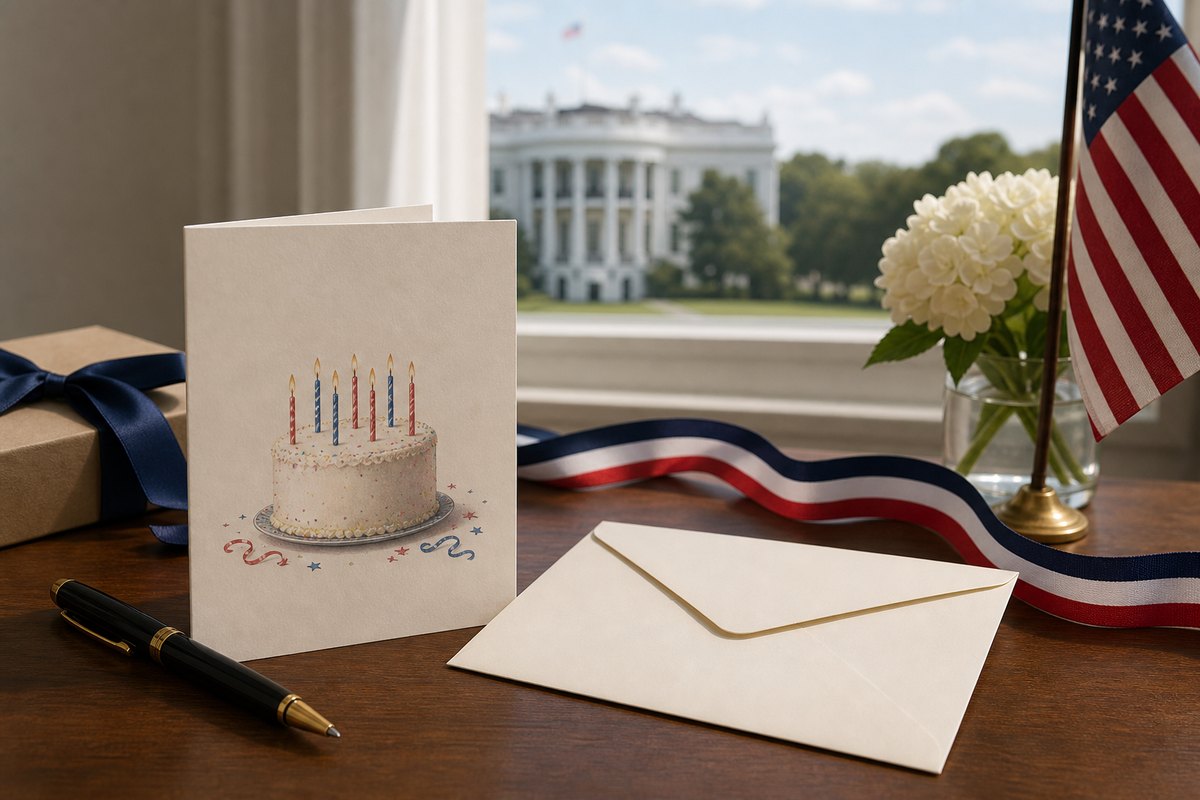 Birthday card, envelope, pen, and American flag ribbon for a Trump birthday card guide