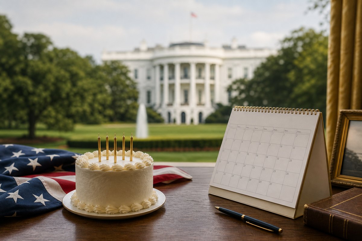 Birthday cake, June calendar, American flag fabric, and the White House in the background