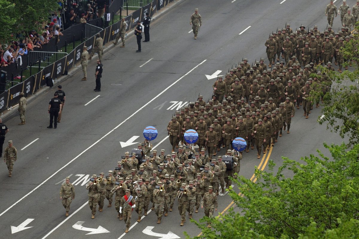 U.S. Army soldiers marching in the Army 250 birthday parade on June 14, 2025