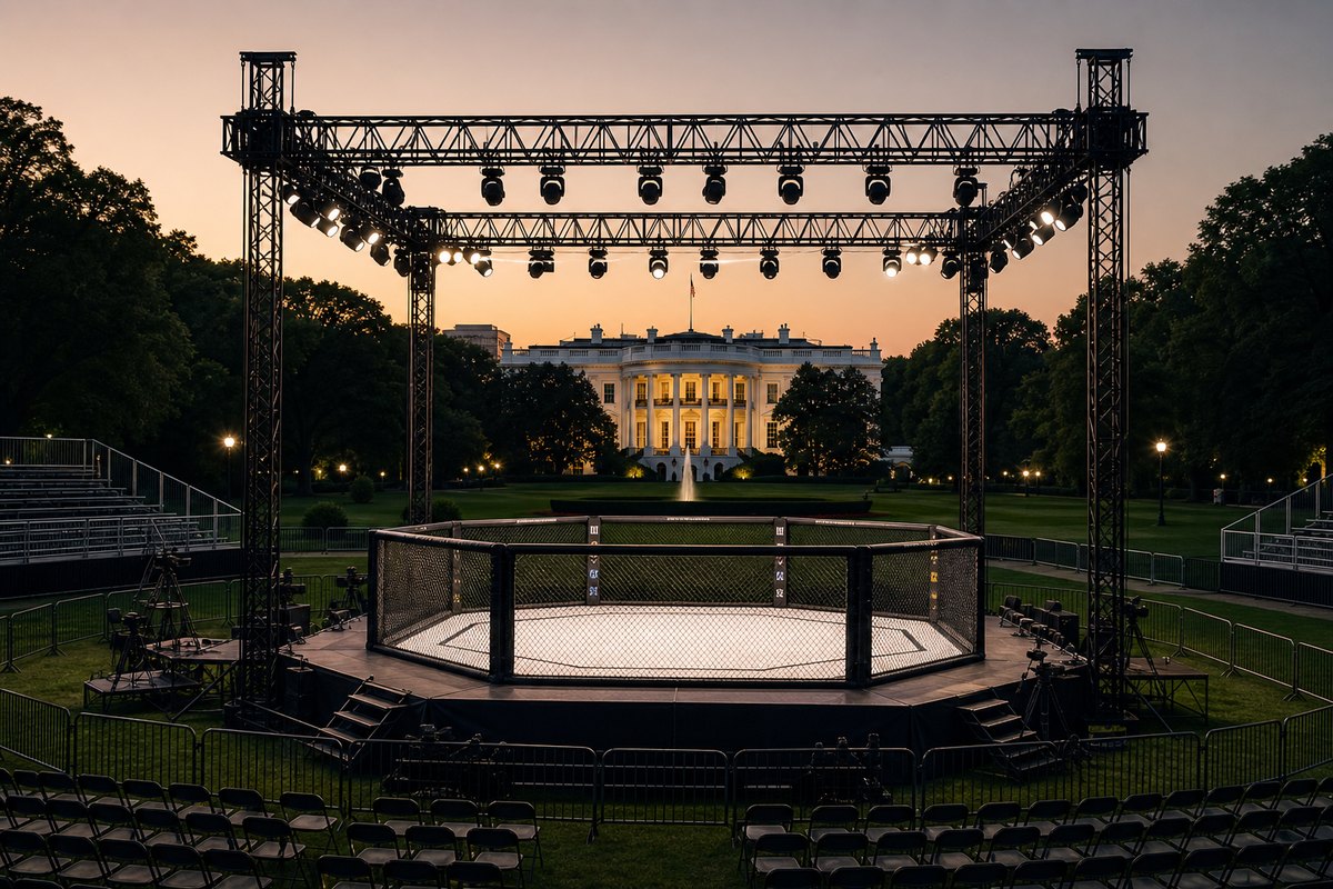 Empty mixed martial arts octagon on a White House lawn event setup