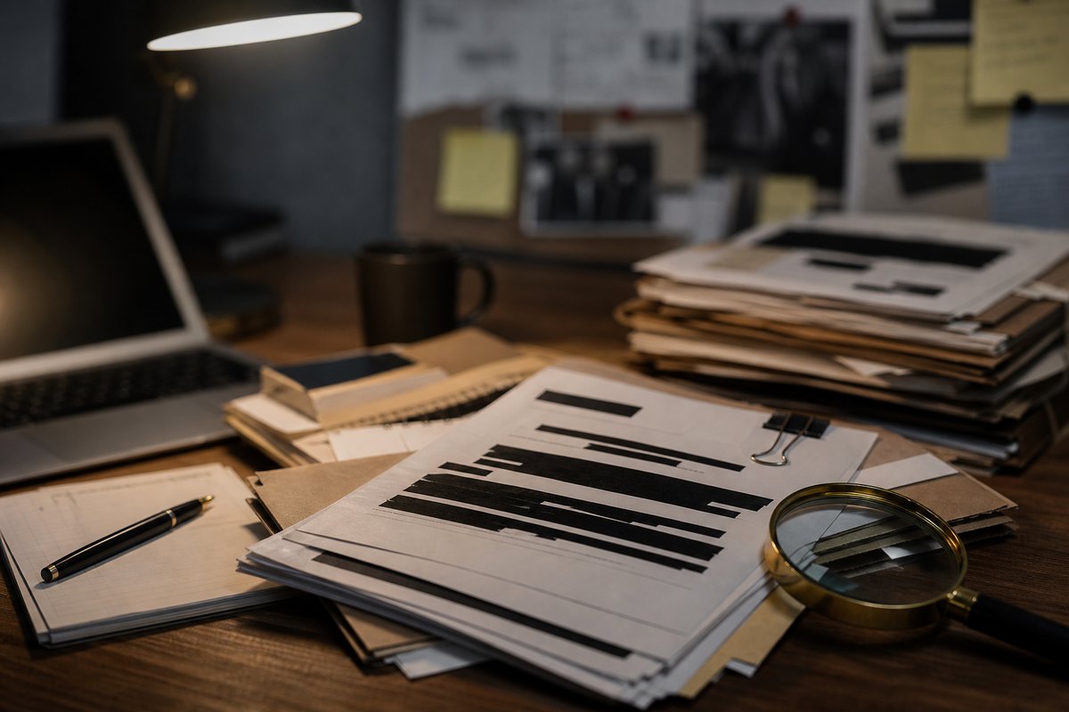 Neutral newsroom desk with redacted documents for the Trump Epstein birthday card reporting controversy